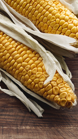 Corn on wooden table with husks and kernels visible in natural light during the day
