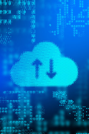 Cloud storage symbol with data uploads and downloads on a digital background
