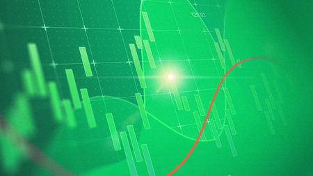 Stock market chart shows green trends with rising graphs and indicators in financial analysisの写真素材