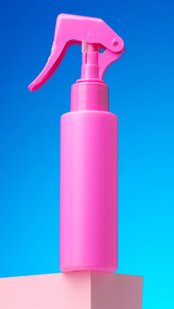 Spray bottle stands on a pink block against a blue background