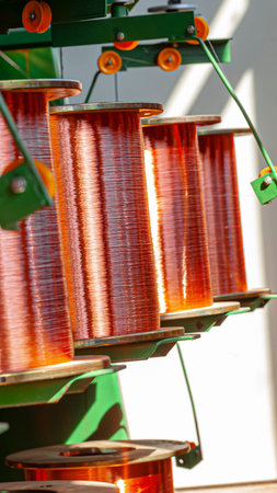 Copper wire spools in a factory during the day showing industrial production process