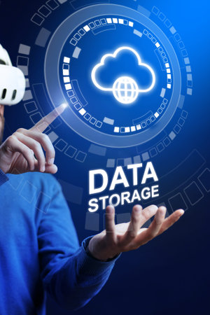 Man in virtual reality headset shows data storage concept in digital space with glowing cloud icon