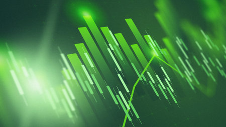 Financial data shows growth trend with green bars on screen during analysis meetingの写真素材