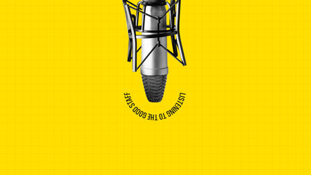 Engaging podcast session featuring a microphone against a yellow backgroundの写真素材