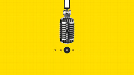 Podcast recording setup with a vintage microphone and play controls on a bright yellow backgroundの写真素材