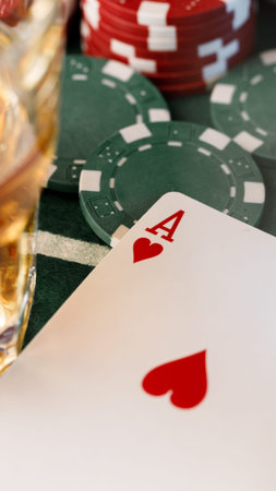 Card game with poker chips and a drink in a casino setting during the evening