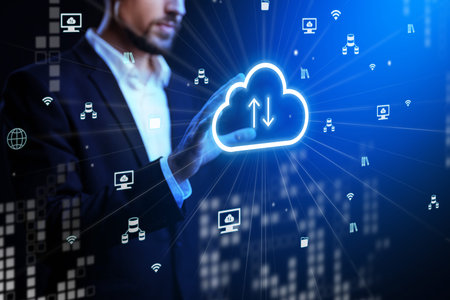 Person interacts with digital cloud in technology setting to download data and connect devices