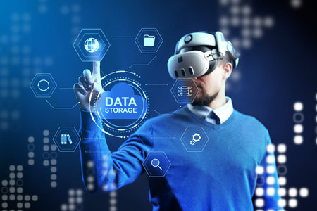 Person uses virtual reality to explore data storage concepts in a tech environment