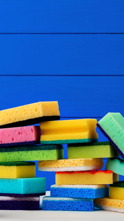 Colorful sponges stacked on a table in front of a blue background in a simple arrangement