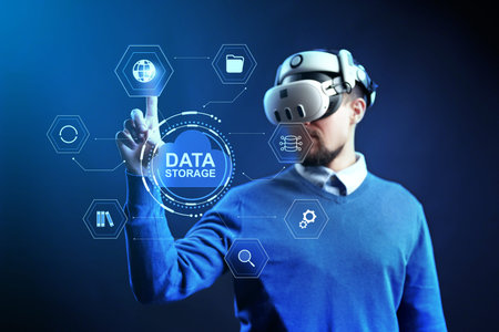 Person uses virtual reality headset to interact with data storage concepts in a dark space