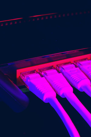 Network cables connect to a device in a low-light environment with purple lighting