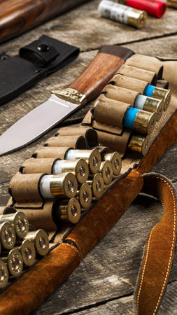 Tools and shells arranged on a wooden table for a shooting activity in the afternoon light