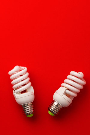 Two spiral light bulbs sit on a red background during daylight hours