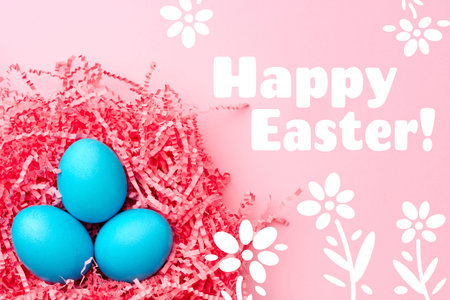 Happy Easter celebration with blue eggs on pink background surrounded by decoration