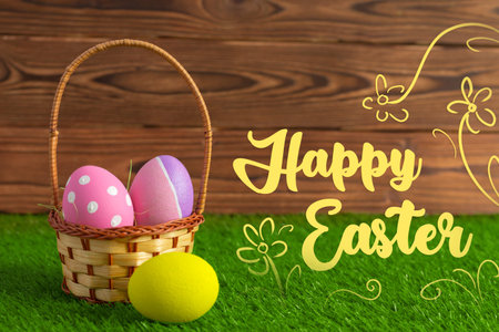 Happy Easter basket with colorful eggs on grass background