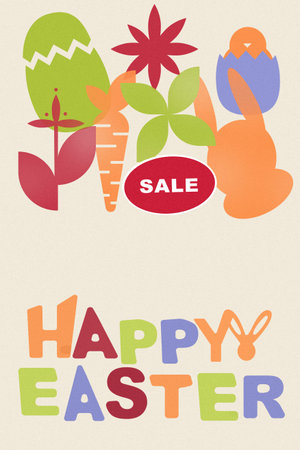 Bright colors and shapes represent Easter celebration with sale information included