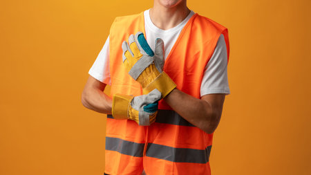 Worker wears safety vest and gloves in studio with orange background for construction work