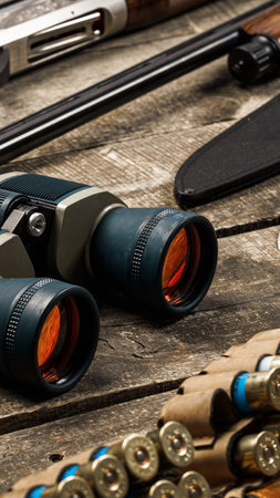Tools for hunting and outdoor activities arranged on a wooden surface in good lighting