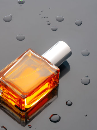 Bottle of orange liquid on dark surface with water droplets around it