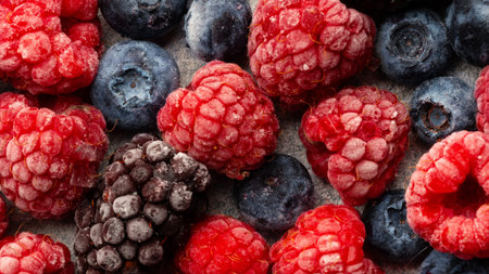 Frozen berries mix of blueberries and raspberries on a flat surface in a close view