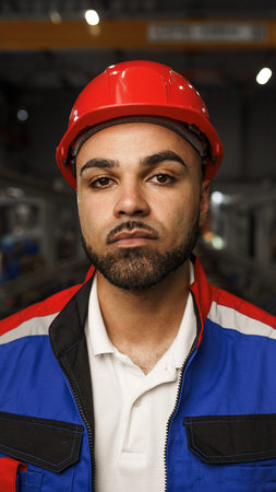 Worker wears a red hard hat and blue uniform in a factory setting during the day