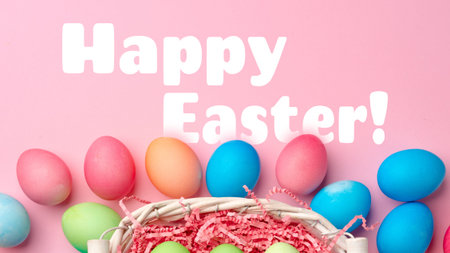 Colorful eggs in a basket with a festive greeting for Easter celebration in springtime