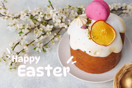 Decorative cake with flowers and macarons for Easter celebration in spring season