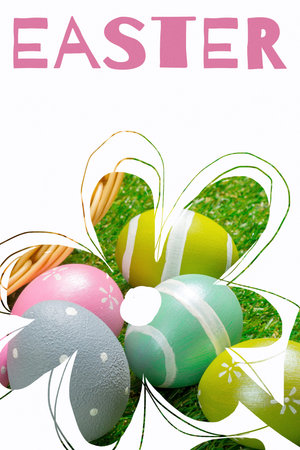 Colorful easter eggs on grass with festive decorations for spring celebration
