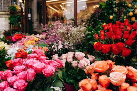 Colorful flower market shows many roses and other flowers in different colorsの写真素材