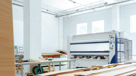 Workshop shows machinery and tools used for woodworking and crafting in a spacious area
