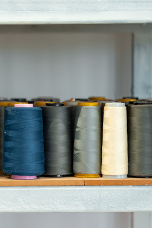 Spools of thread lined up on a shelf in a sewing room