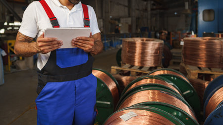 Worker checks data while standing next to coils of copper wire in a warehouse