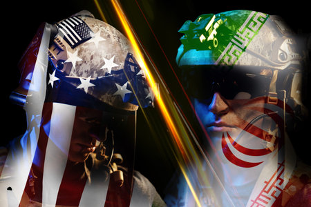 Conflict between Iran and USA represented through military imagery and symbolismの写真素材