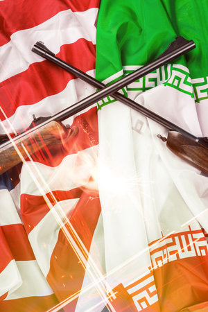 Conflict between Iran and USA represented with flags and crossed rifles in a tense setting