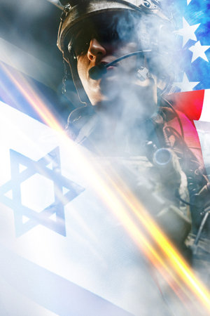 Conflict between Iran and USA displayed through symbols and military imagery in battle context