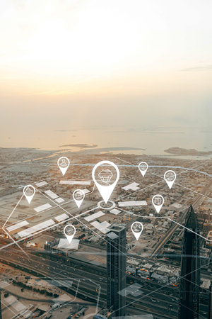 City skyline with location markers showing different shops and services around sunset