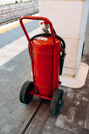 Fire extinguisher on wheels at train station platform near track in busy area