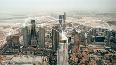 Cities connected through digital networks in Dubai showing urban technology and development