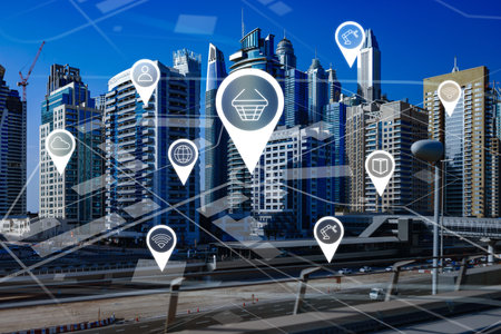 Buildings in a city with various icons showing services and technology overlay