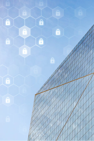 Building with glass facade and security symbols against clear sky backdrop