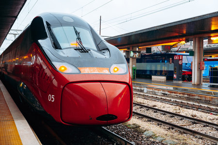 Train arrives at the station with passengers waiting in rainy weather
