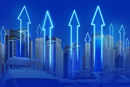 Bright blue arrows point upwards over a city skyline during daytime