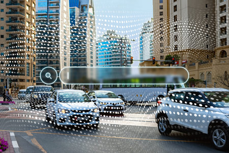 Traffic at a busy intersection with a search bar overlay in a city setting during the day
