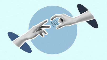 Creative hands reaching out to connect and share ideas in a digital space about interaction