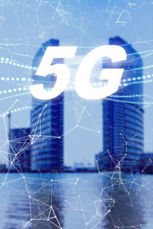 Modern buildings with 5G network technology in urban setting by the water
