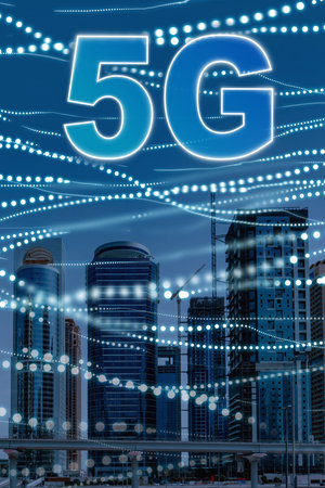 5G internet technology shown over a city skyline with tall buildings and network signals