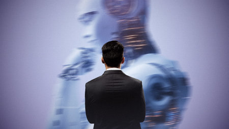 Person watches a presentation about AI technology and its future applications in societyの写真素材