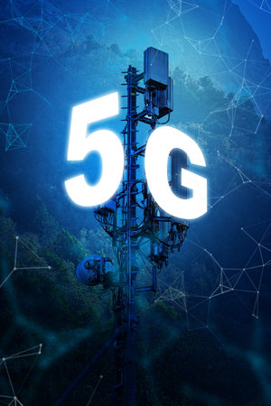 5G internet tower standing tall in a rural area with blue accents around it