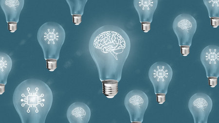 Light bulbs with brain and AI designs in a creative arrangement against a teal background