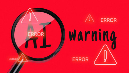 Warning message about AI errors with a magnifying glass on a red background